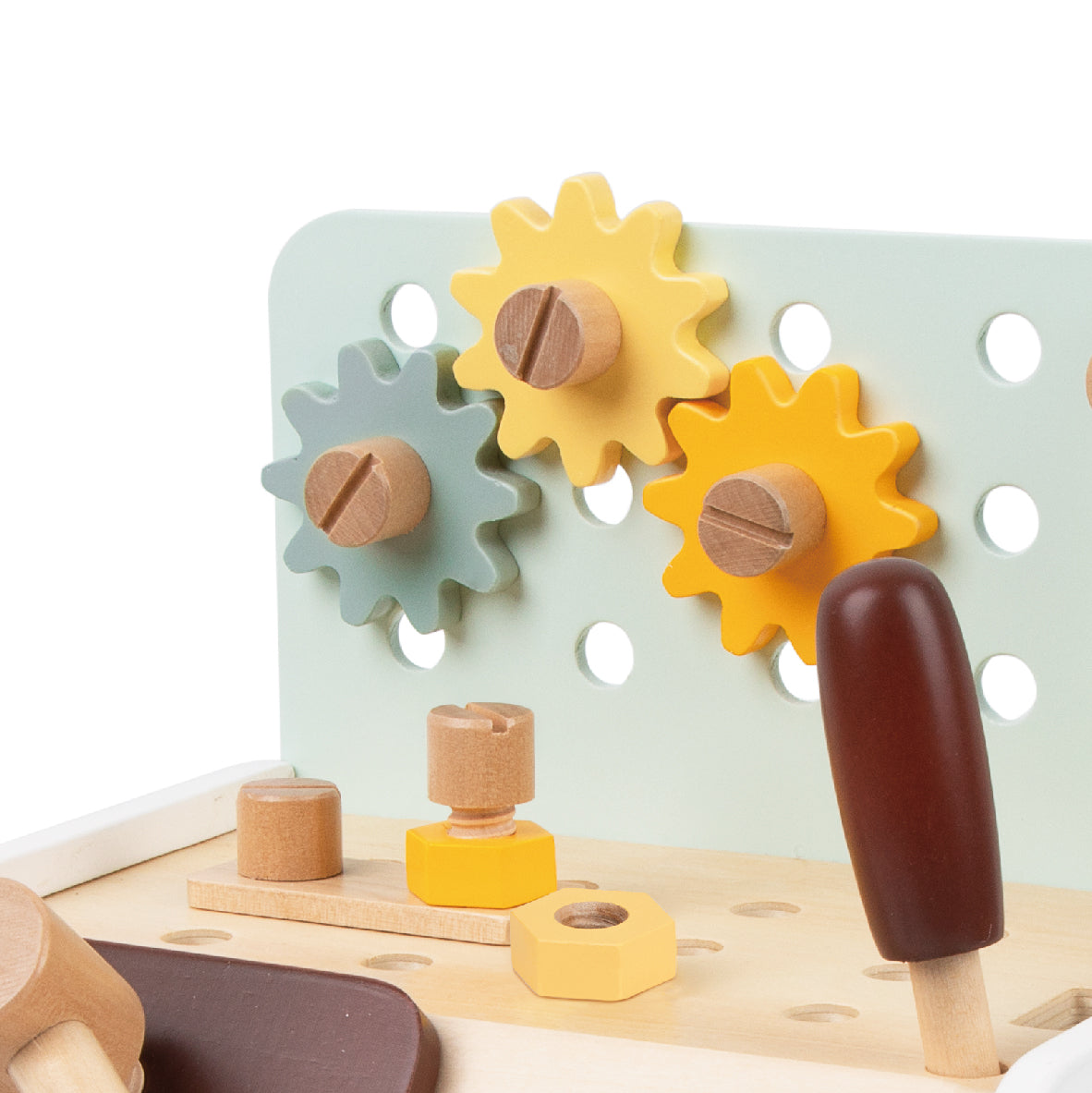 Detaliu rotițe dințate funcționale și șuruburi pe blat - Mini Workbench Classic World