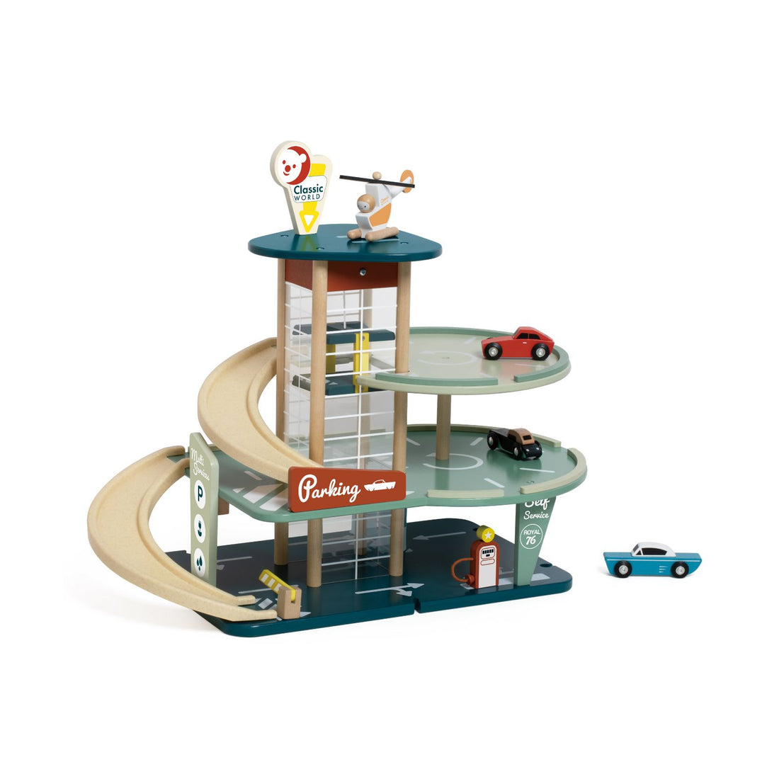 Set de joacă din lemn, Garaj cu Mașinuțe și Elicopter - Vintage Garage - Classic World