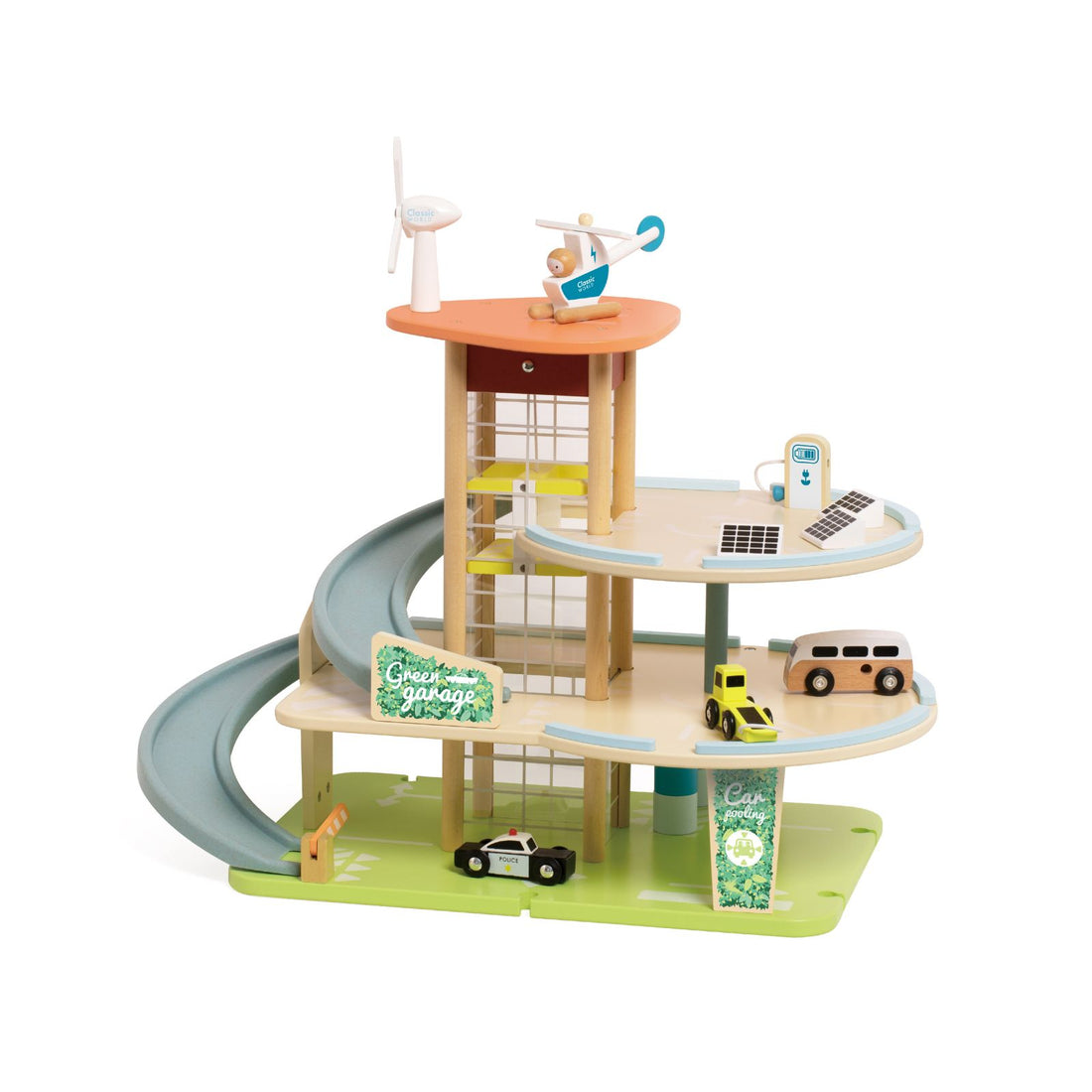 Set de joacă din lemn, Garaj Eco cu Eoliană, Stație de Încărcare, Mașinuțe și Elicopter - Green Garage - Classic World