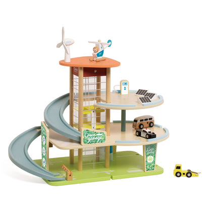 Set de joacă din lemn, Garaj Eco cu Eoliană, Stație de Încărcare, Mașinuțe și Elicopter - Green Garage - Classic World