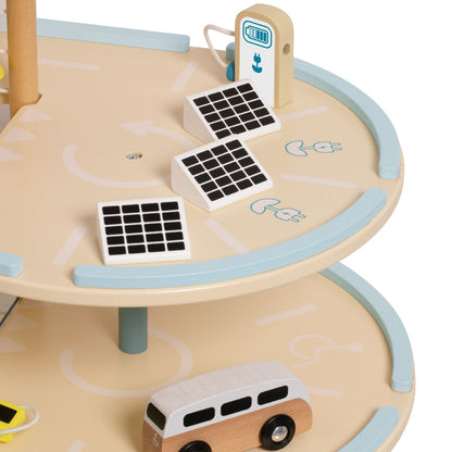 Set de joacă din lemn, Garaj Eco cu Eoliană, Stație de Încărcare, Mașinuțe și Elicopter - Green Garage - Classic World