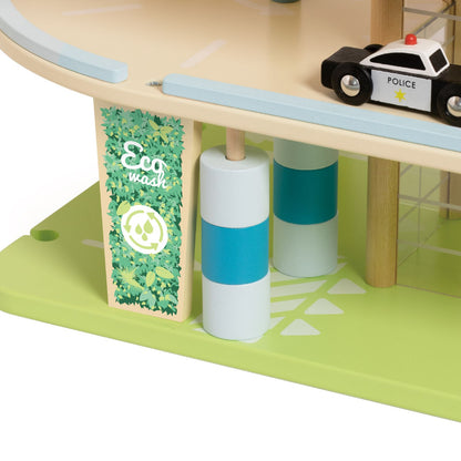 Set de joacă din lemn, Garaj Eco cu Eoliană, Stație de Încărcare, Mașinuțe și Elicopter - Green Garage - Classic World