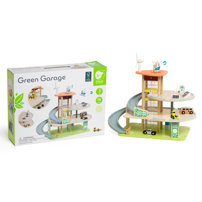 Set de joacă din lemn, Garaj Eco cu Eoliană, Stație de Încărcare, Mașinuțe și Elicopter - Green Garage - Classic World