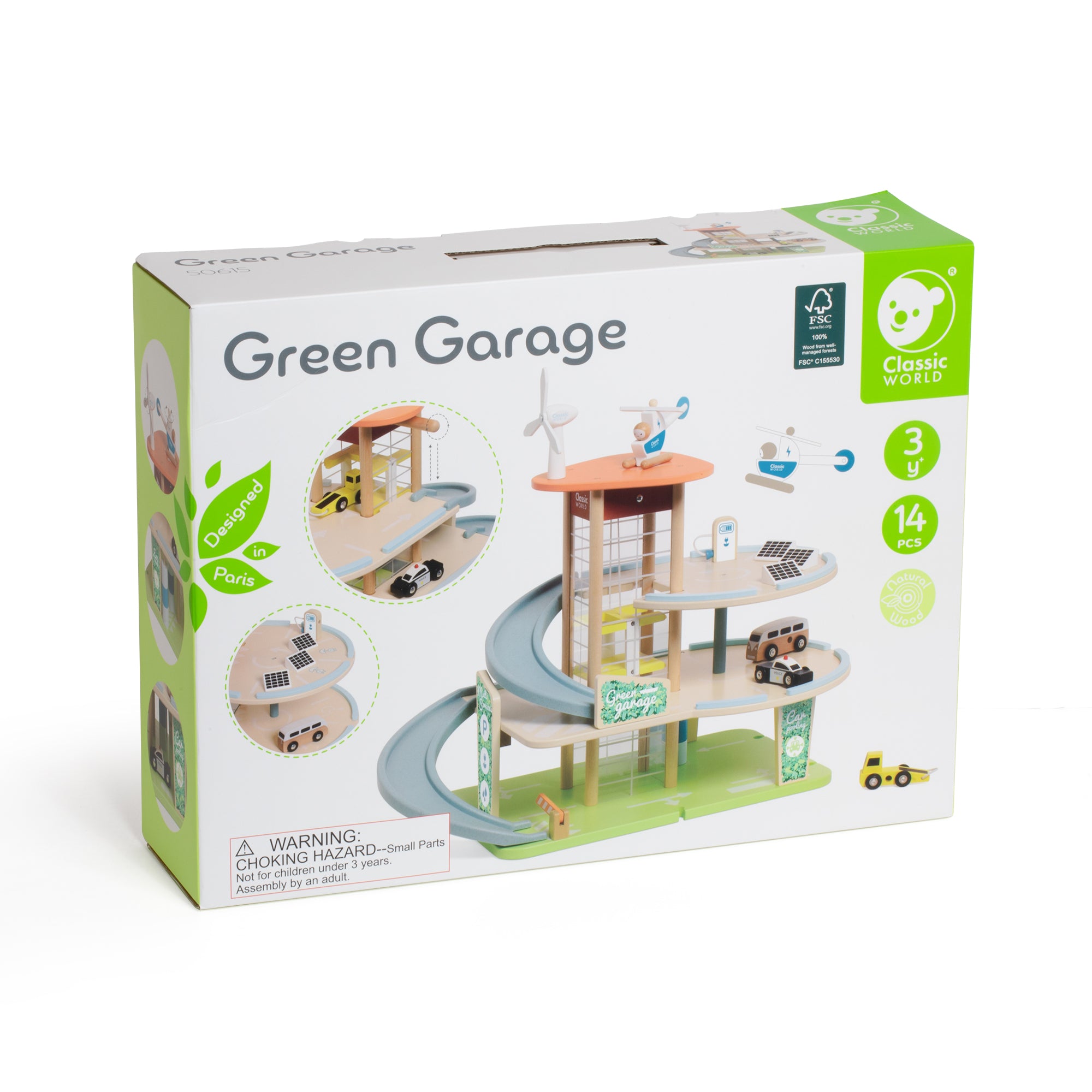 Set de joacă din lemn, Garaj Eco cu Eoliană, Stație de Încărcare, Mașinuțe și Elicopter - Green Garage - Classic World