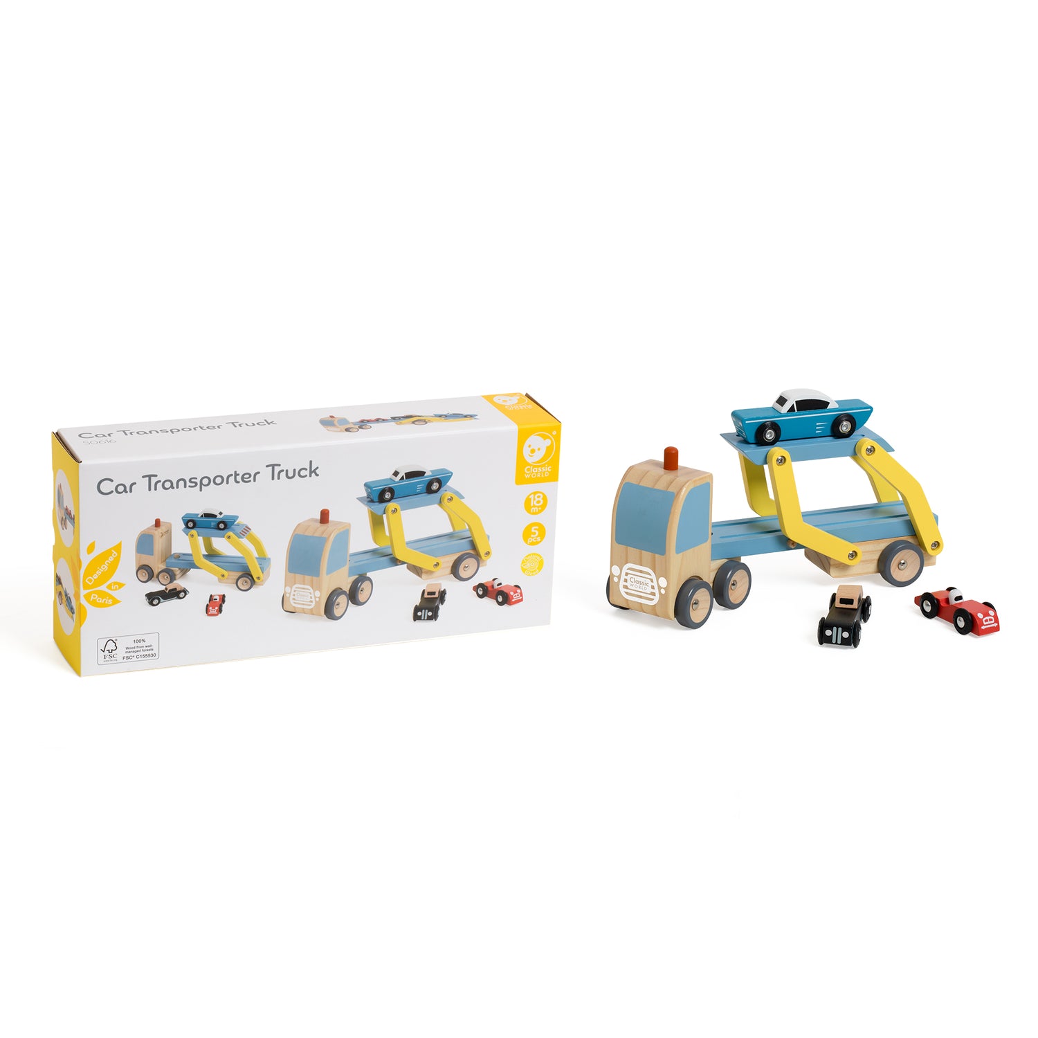 Set de joacă din lemn, Camion cu Platformă și Mașinuțe - Car Transporter Truck - Classic World