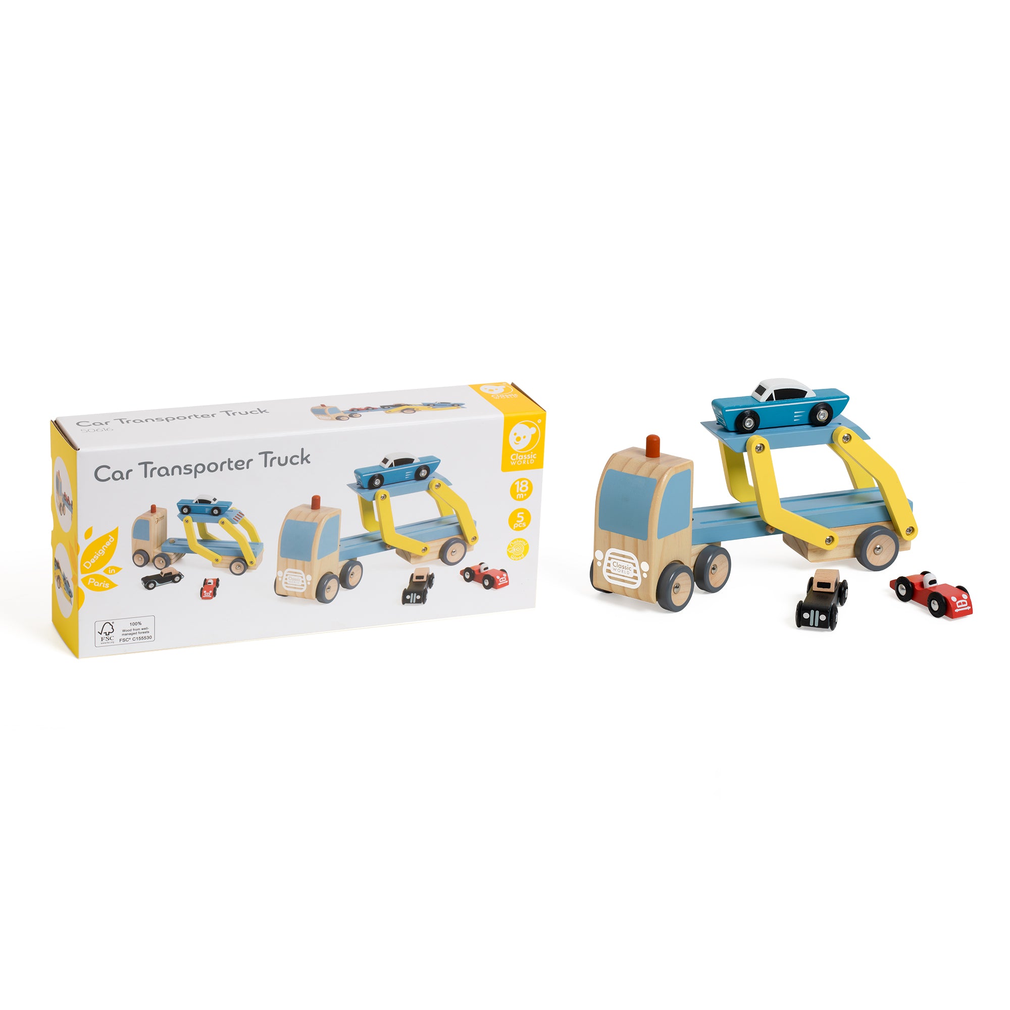 Set de joacă din lemn, Camion cu Platformă și Mașinuțe - Car Transporter Truck - Classic World