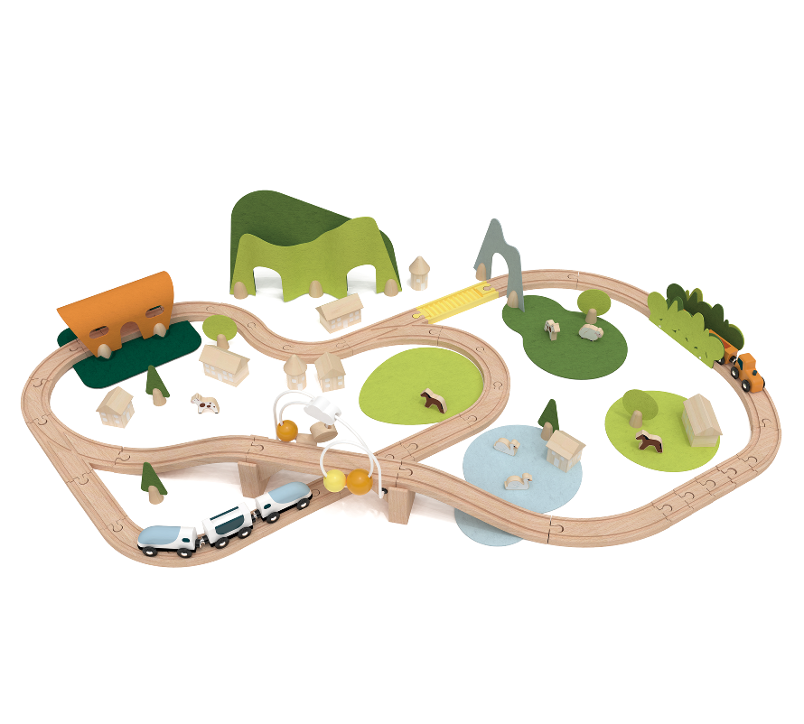 Set de joacă din lemn, Tren cu Animăluțe &amp; Peisaje, 100 piese - New Natural Train Set - Classic World