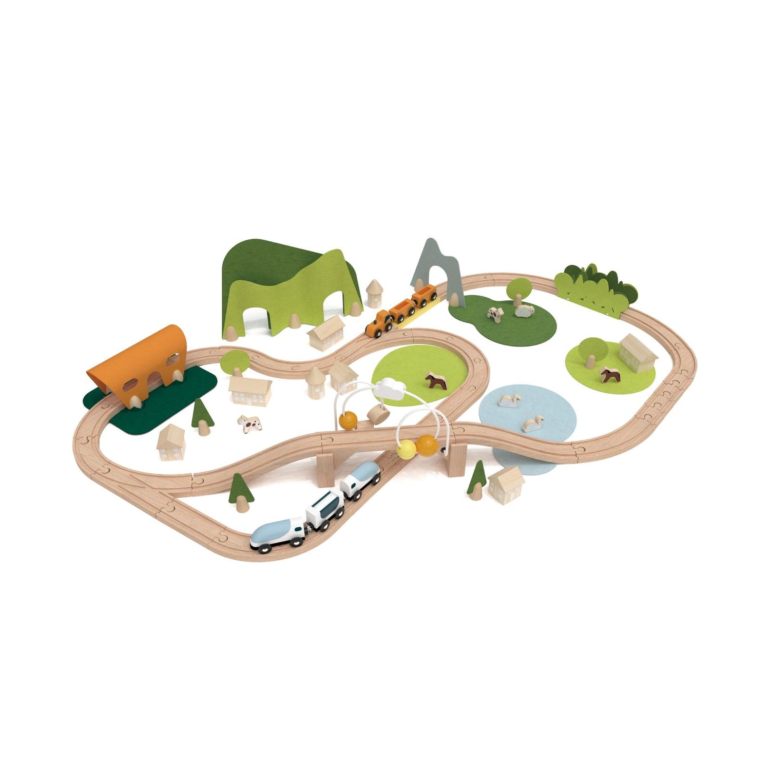 Set de joacă din lemn, Tren cu Animăluțe &amp; Peisaje, 100 piese - New Natural Train Set - Classic World