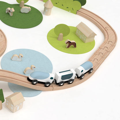 Set de joacă din lemn, Tren cu Animăluțe &amp; Peisaje, 100 piese - New Natural Train Set - Classic World