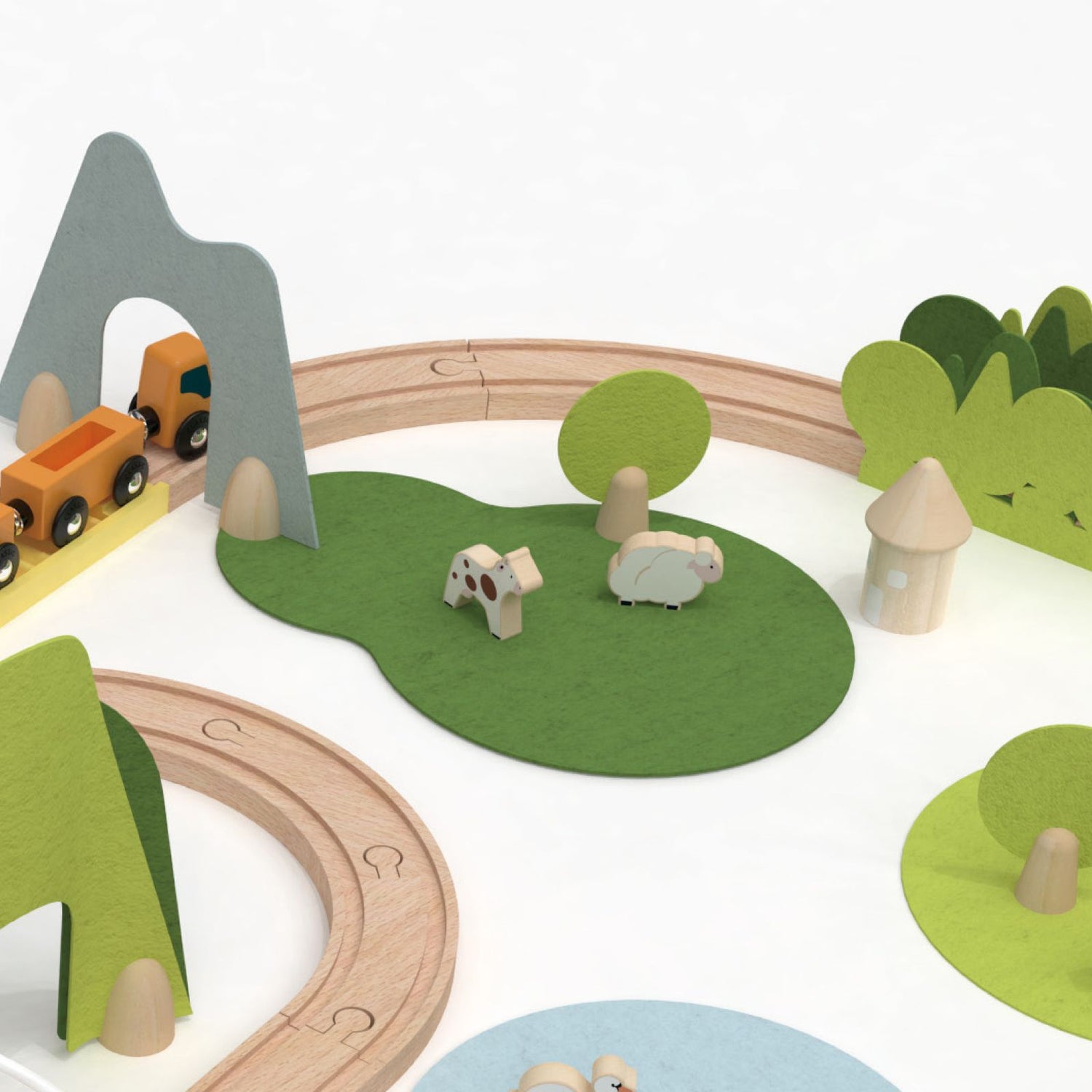 Set de joacă din lemn, Tren cu Animăluțe &amp; Peisaje, 100 piese - New Natural Train Set - Classic World
