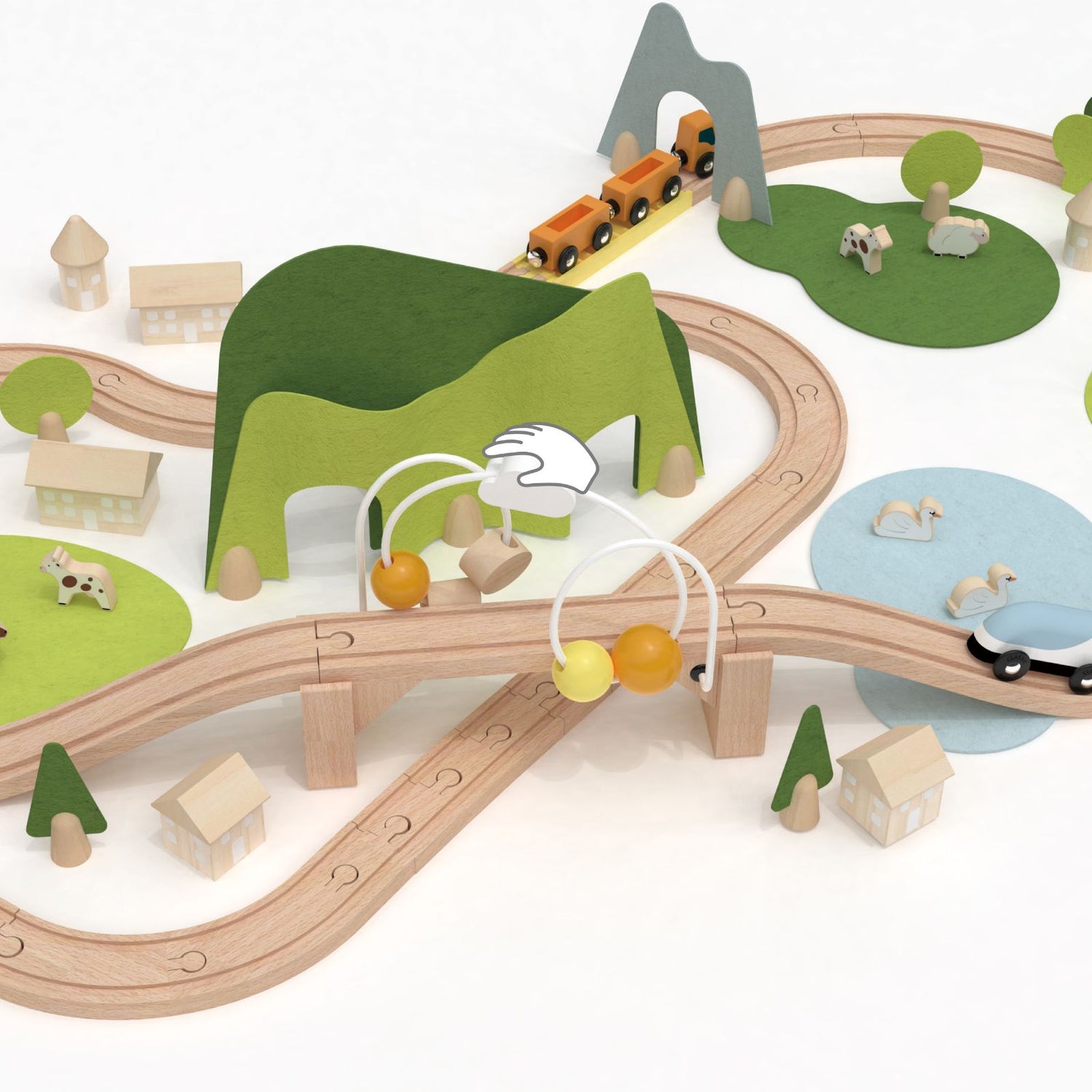 Set de joacă din lemn, Tren cu Animăluțe &amp; Peisaje, 100 piese - New Natural Train Set - Classic World