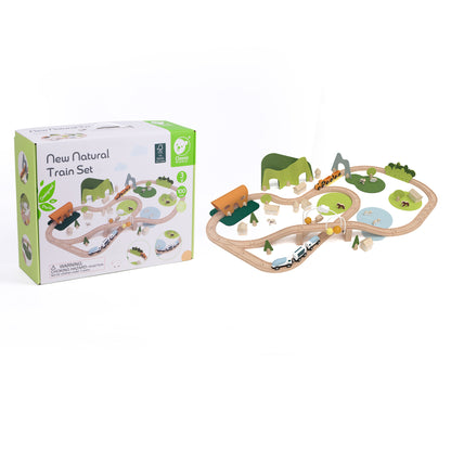Set de joacă din lemn, Tren cu Animăluțe &amp; Peisaje, 100 piese - New Natural Train Set - Classic World