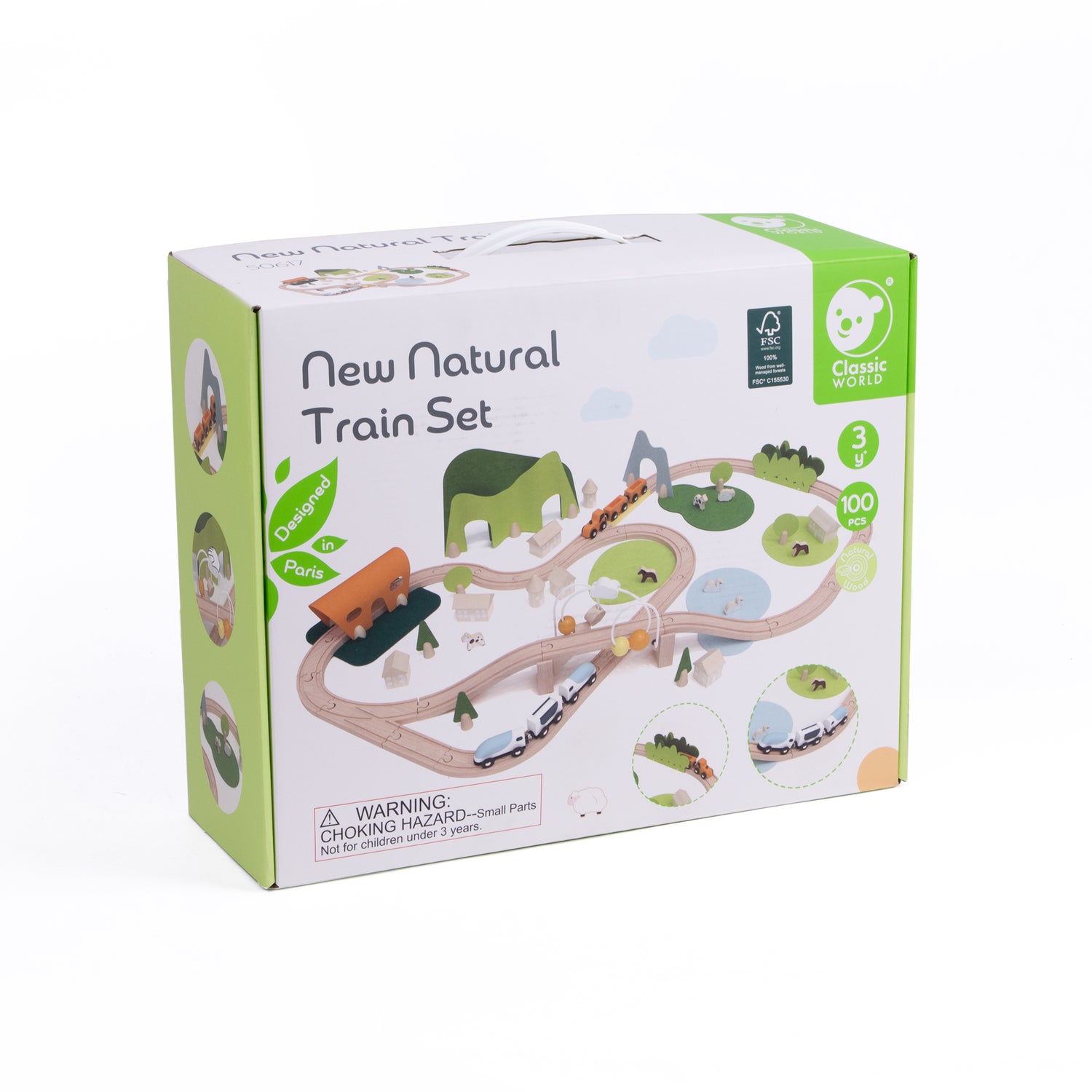 Set de joacă din lemn, Tren cu Animăluțe &amp; Peisaje, 100 piese - New Natural Train Set - Classic World