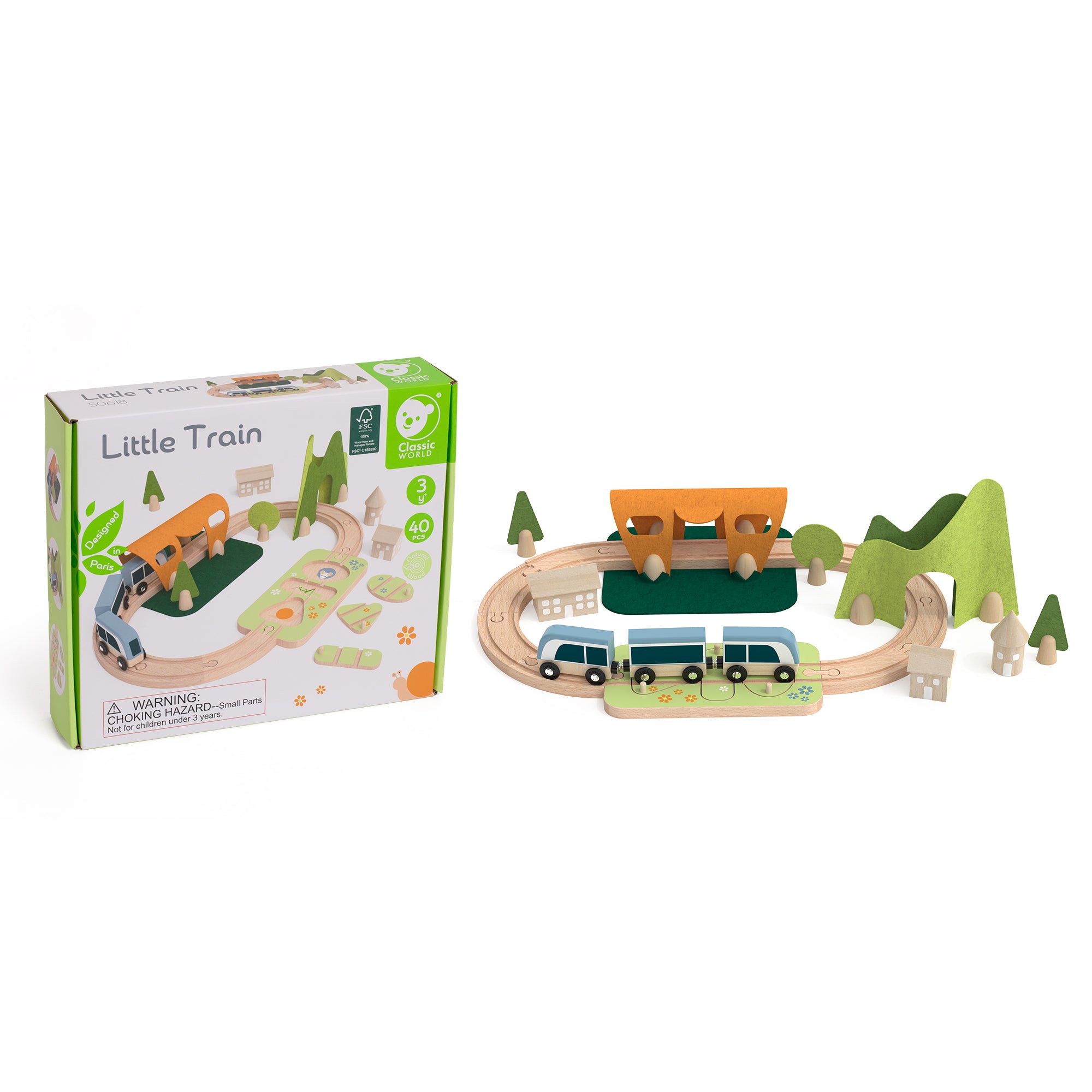 Set de joacă din lemn, Trenuleț cu Puzzle &amp; Accesorii, 40 piese - Little Train - Classic World