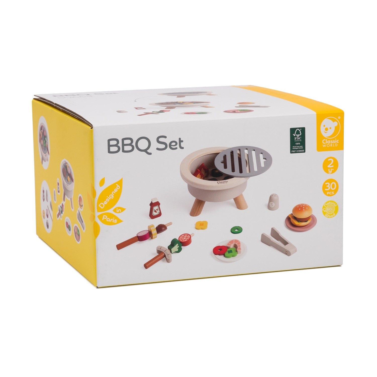 Detaliu piese set BBQ Classic World - ketchup, sare, frigăruie, porumb, ceapă, ciupercă