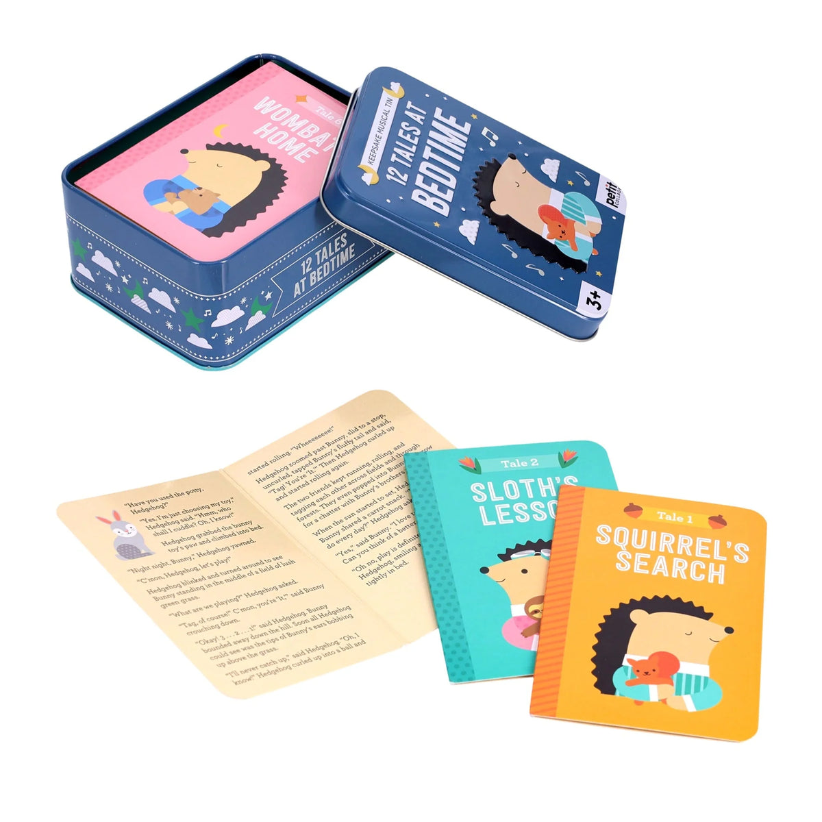 Cutia muzicală deschisă și povești în limba engleză din setul 12 Tales at Bedtime.
