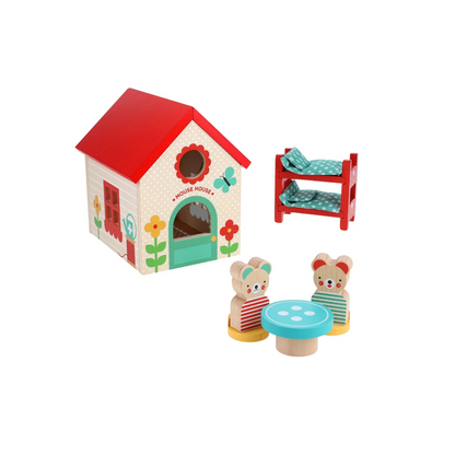 Set Mouse House Petit Collage, căsuță din lemn, doi șoricei, masă cu scaune și pat supraetajat