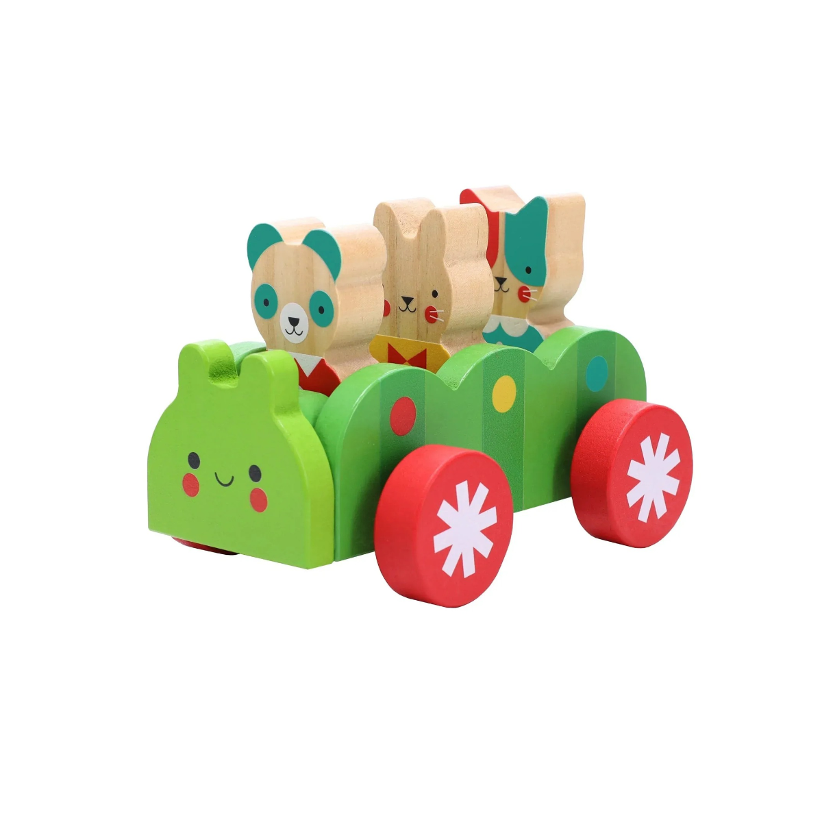 Autobuzul din lemn Bug Bus Petit Collage, în formă de omidă, cu trei figurine de animale