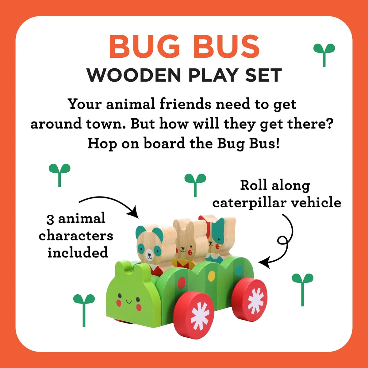 Prezentarea setului Bug Bus, vehicul în formă de omidă și trei personaje de animale