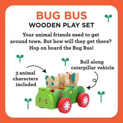 Prezentarea setului Bug Bus, vehicul în formă de omidă și trei personaje de animale
