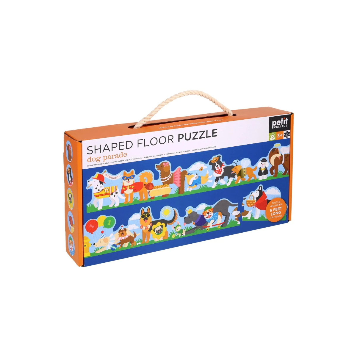 Piese groase ale puzzle-ului Dog Parade, cu căței costumați în supererou, floare și pompier