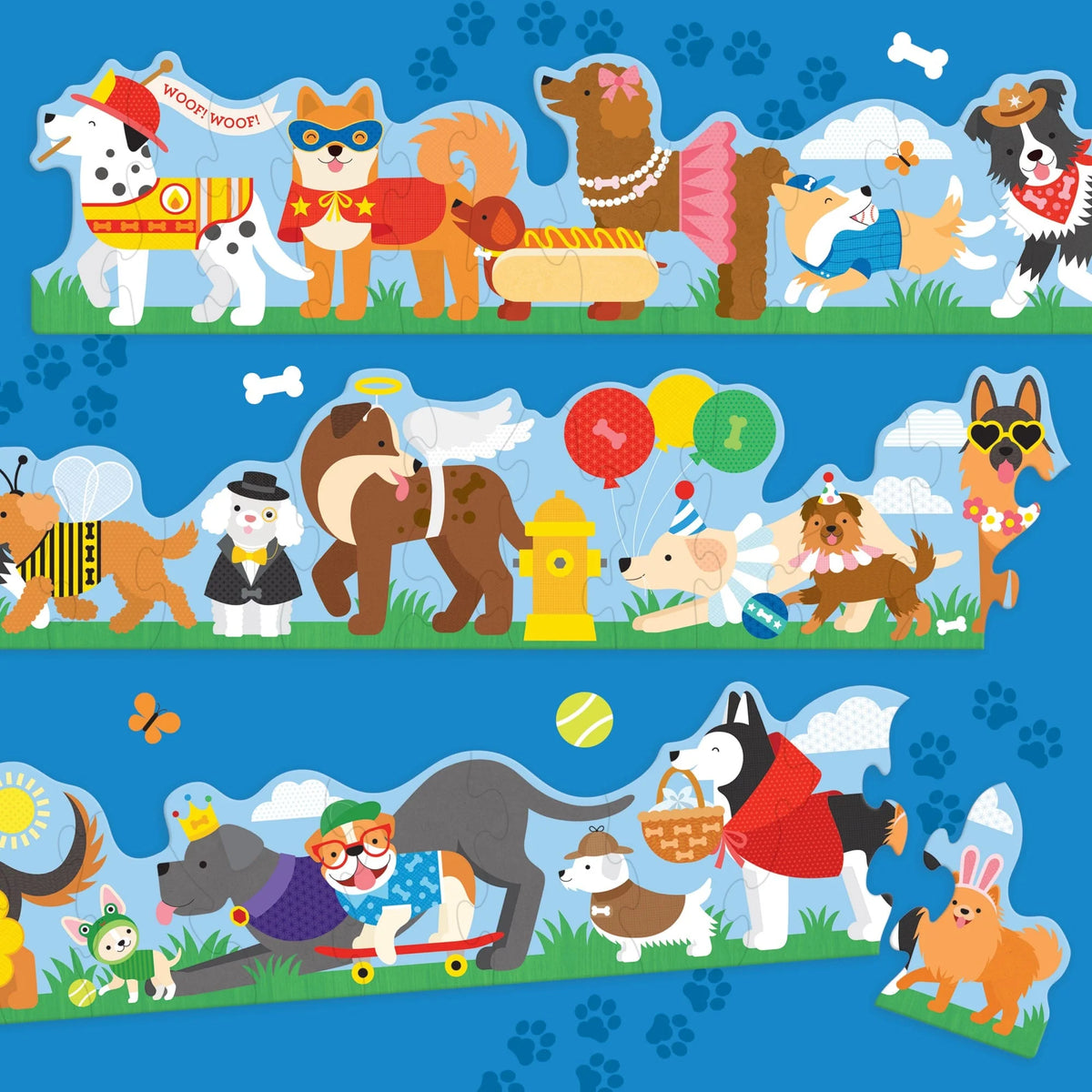 Dog Parade Petit Collage, paradă de căței costumați cu oase ascunse în ilustrație