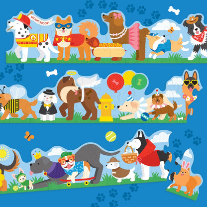 Dog Parade Petit Collage, paradă de căței costumați cu oase ascunse în ilustrație