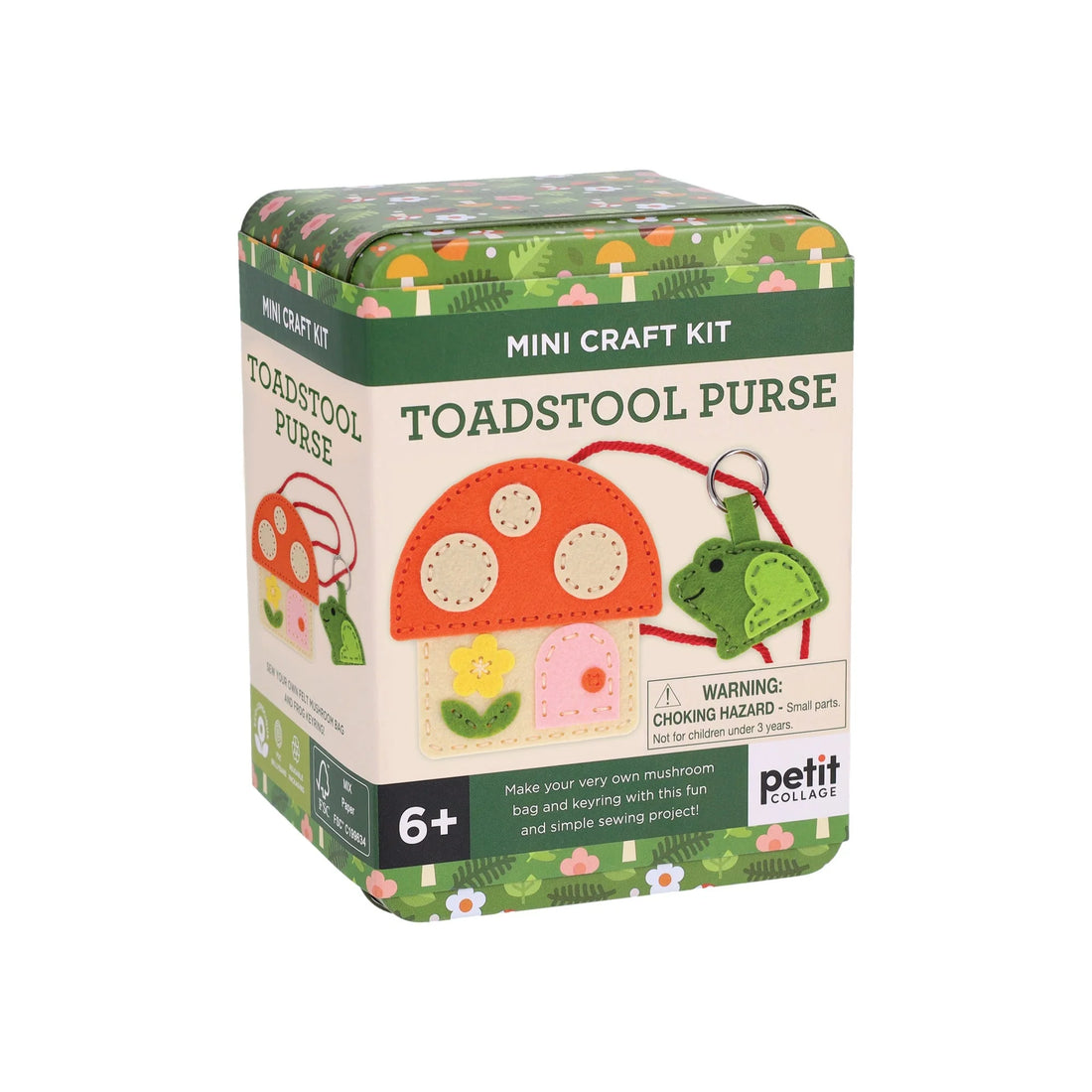 Mini kit de cusut Toadstool Purse de la Petit Collage, în cutie metalică ilustrată.