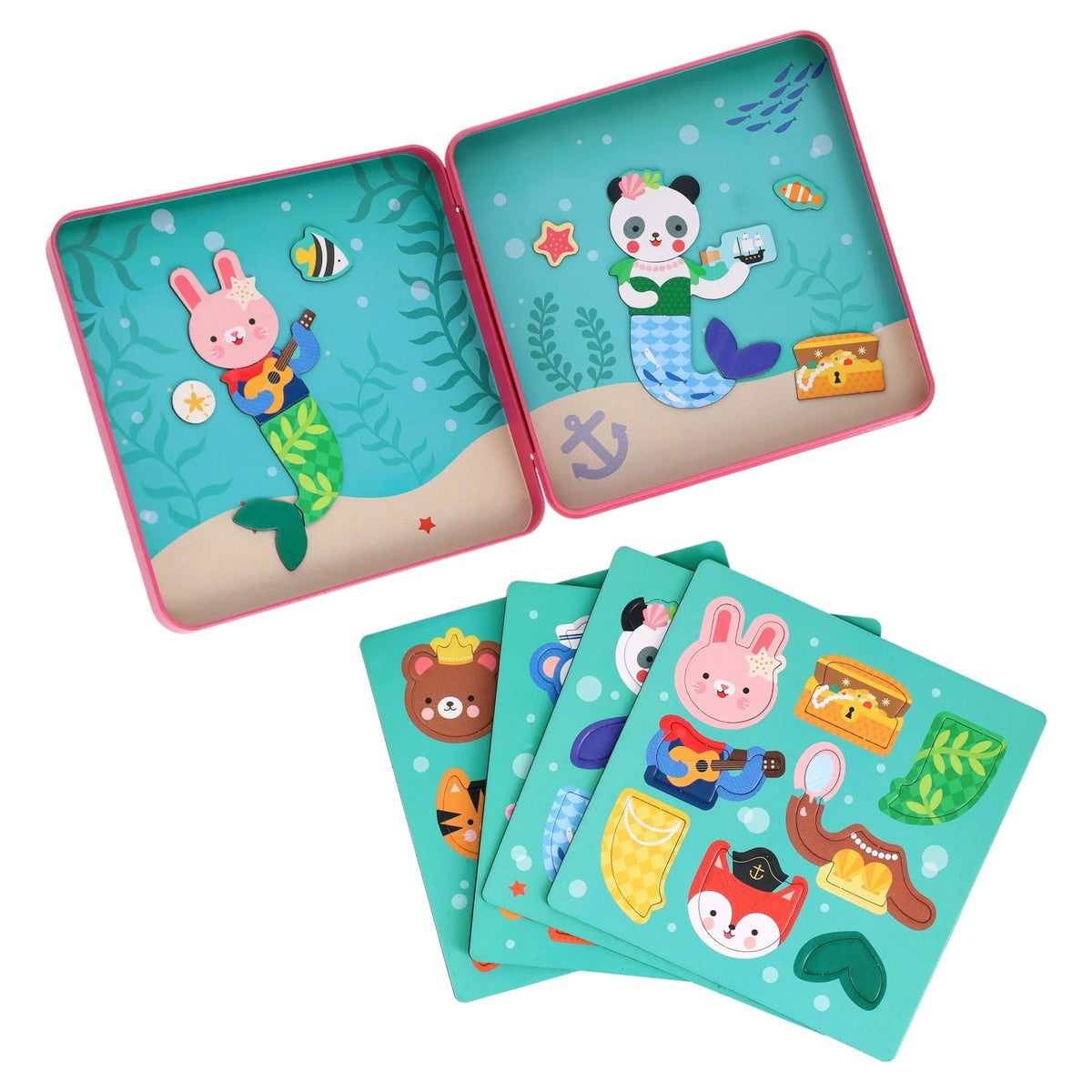 Cutia de joacă Mix and Match Mermaids și colile cu piese magnetice pentru personaje și accesorii.