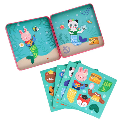 Cutia de joacă Mix and Match Mermaids și colile cu piese magnetice pentru personaje și accesorii.