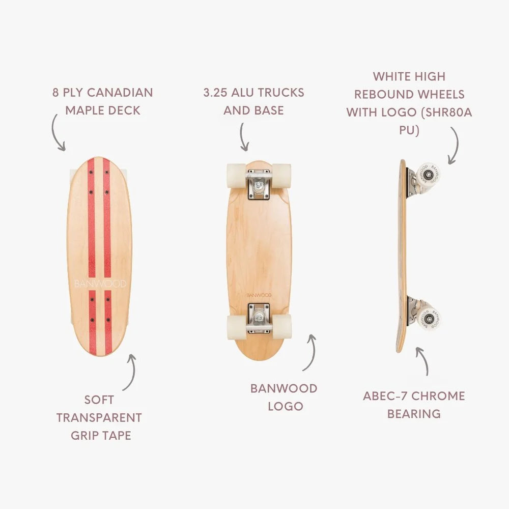 Skateboard din lemn, roți soft - Red - BANWOOD