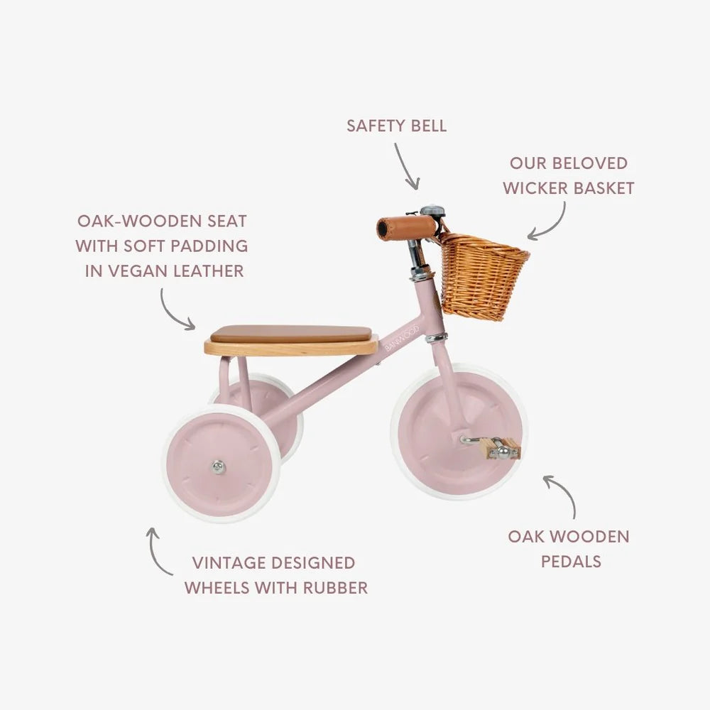 Tricicletă Vintage cu pedale, ghidon reglabil - Dusty Pink - BANWOOD