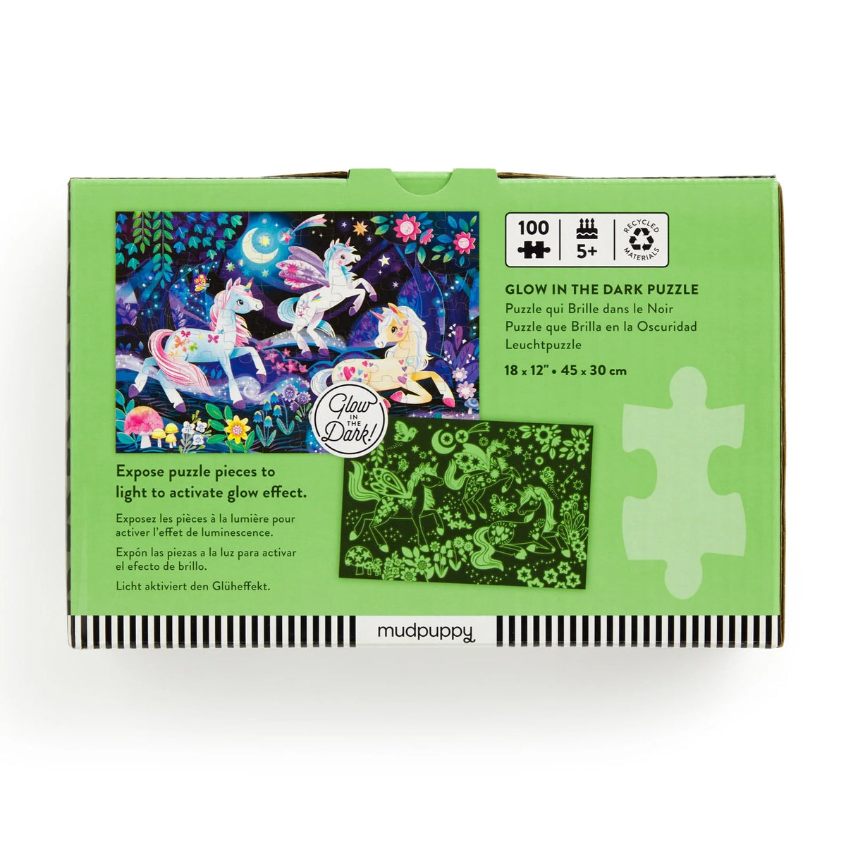 Spatele cutiei Unicorn Dreams, cu dimensiunile puzzle-ului și instrucțiunea de activare a efectului fosforescent