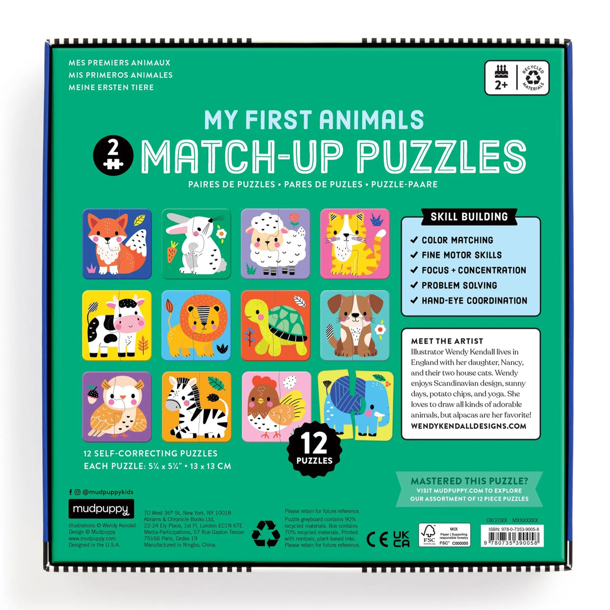 Spatele cutiei My First Animals cu animalele din set și informații despre puzzle-uri