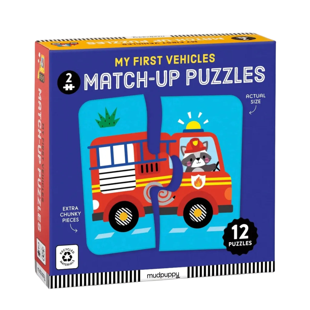 Cutia My First Vehicles Mudpuppy cu puzzle cu mașină de pompieri, vedere din unghi