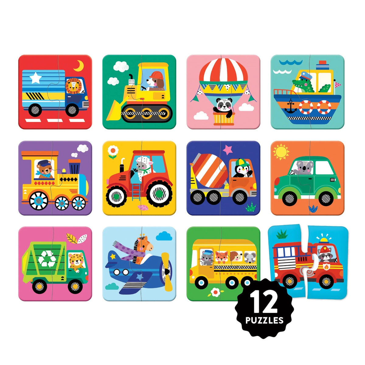 Cele 12 puzzle-uri My First Vehicles cu vehicule și animale la volan