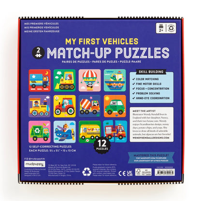 Spatele cutiei My First Vehicles cu vehiculele din set și informații despre puzzle-uri