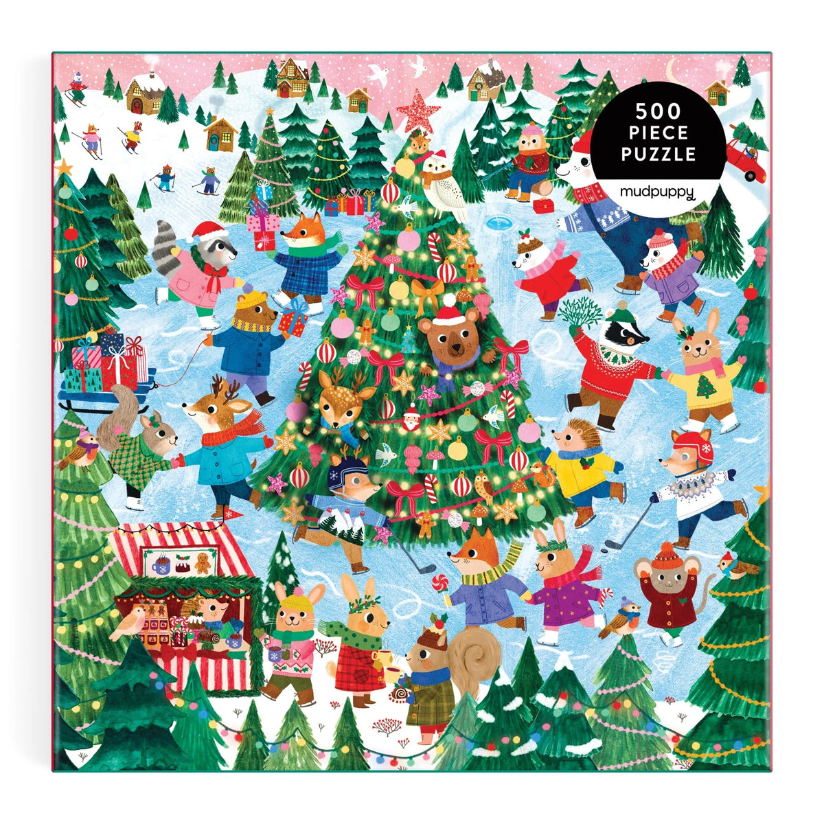 Puzzle Winter Whirl asamblat, cu 500 de piese și scenă de patinaj de Crăciun.