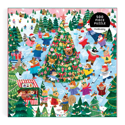 Puzzle Winter Whirl asamblat, cu 500 de piese și scenă de patinaj de Crăciun.