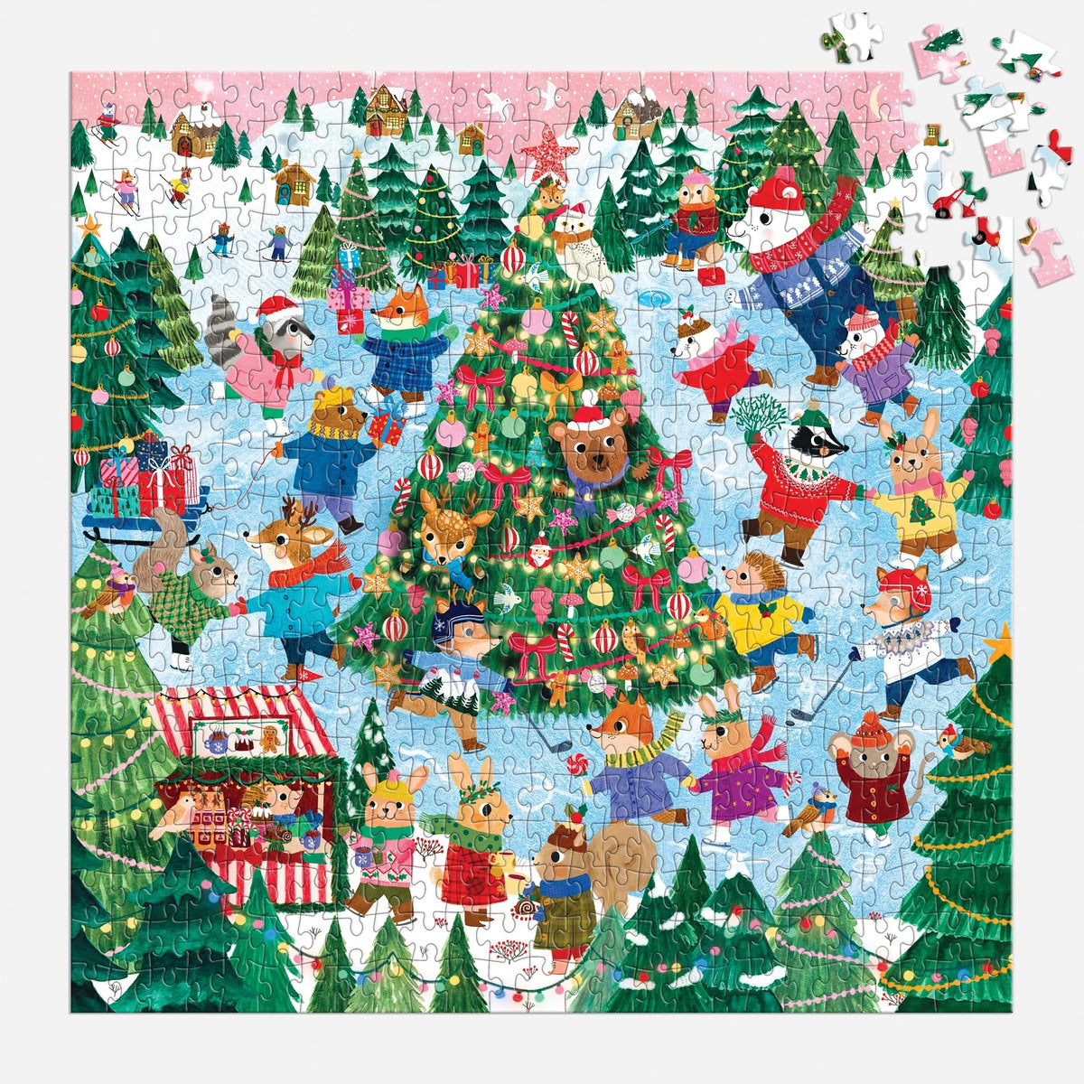 Puzzle Winter Whirl aproape asamblat, cu piese rămase în colțul din dreapta sus