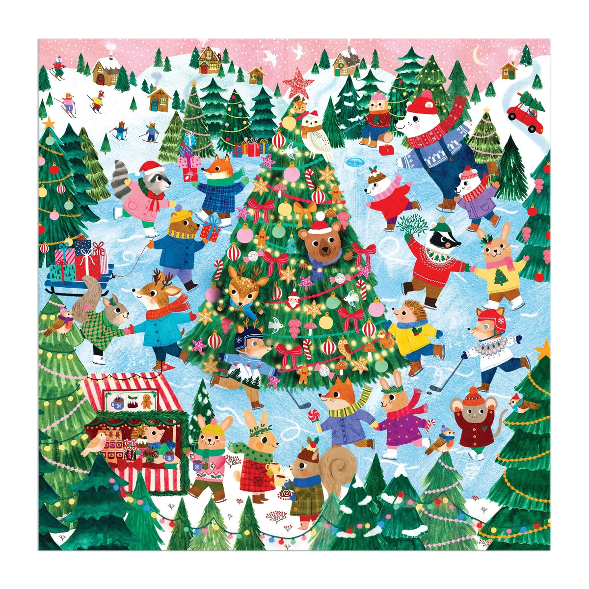 Ilustrație Winter Whirl de Rebecca Jones, cu animăluțe și brazi într-un peisaj înzăpezit