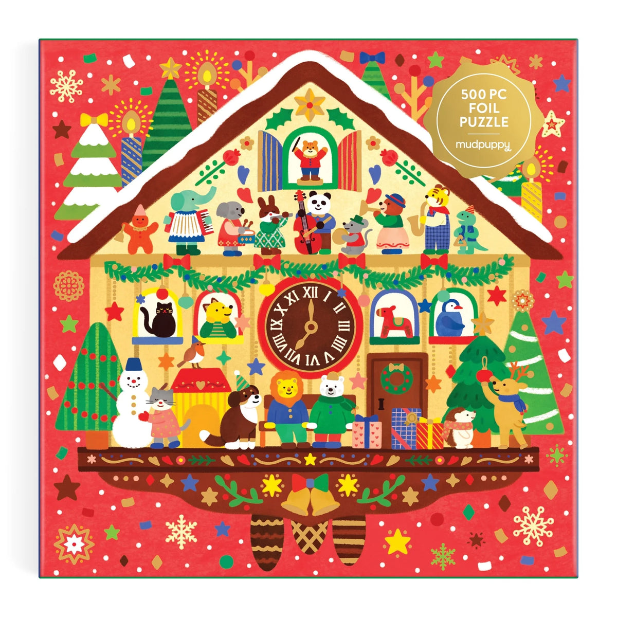 Fața cutiei Christmas Time Mudpuppy, cu ceas cu cuc și animale muzicante
