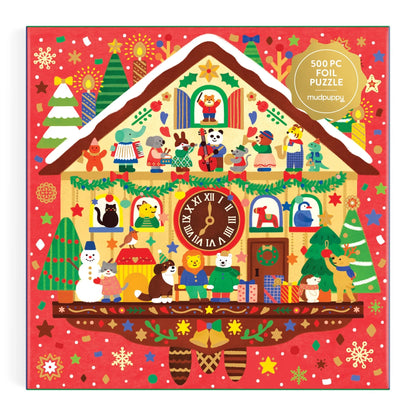 Fața cutiei Christmas Time Mudpuppy, cu ceas cu cuc și animale muzicante