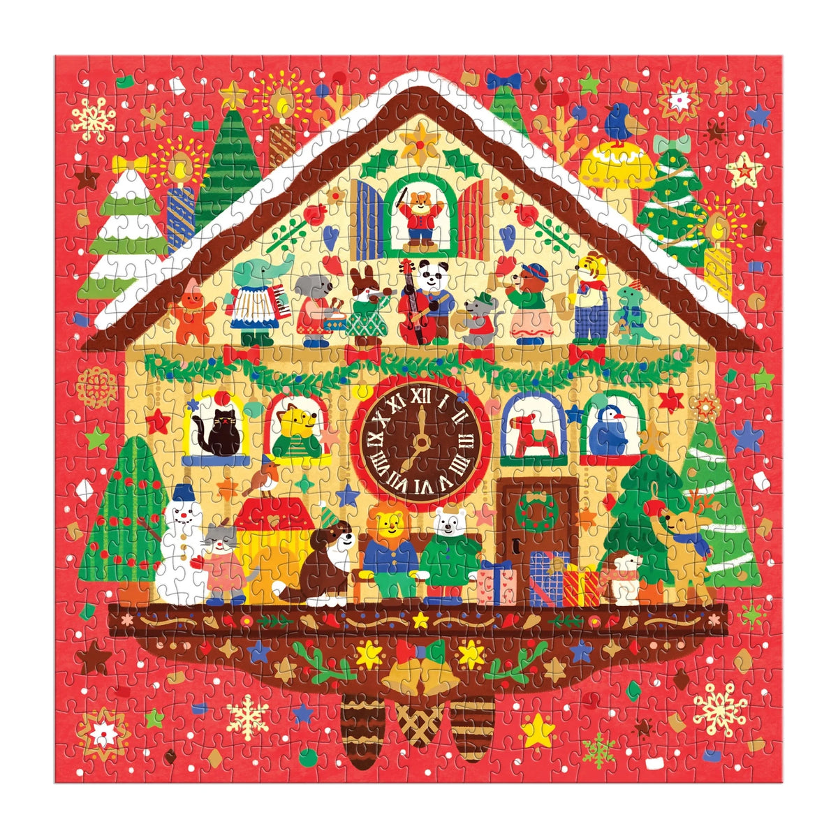 Puzzle Christmas Time complet asamblat, cu 500 de piese și ceas cu cuc de Crăciun