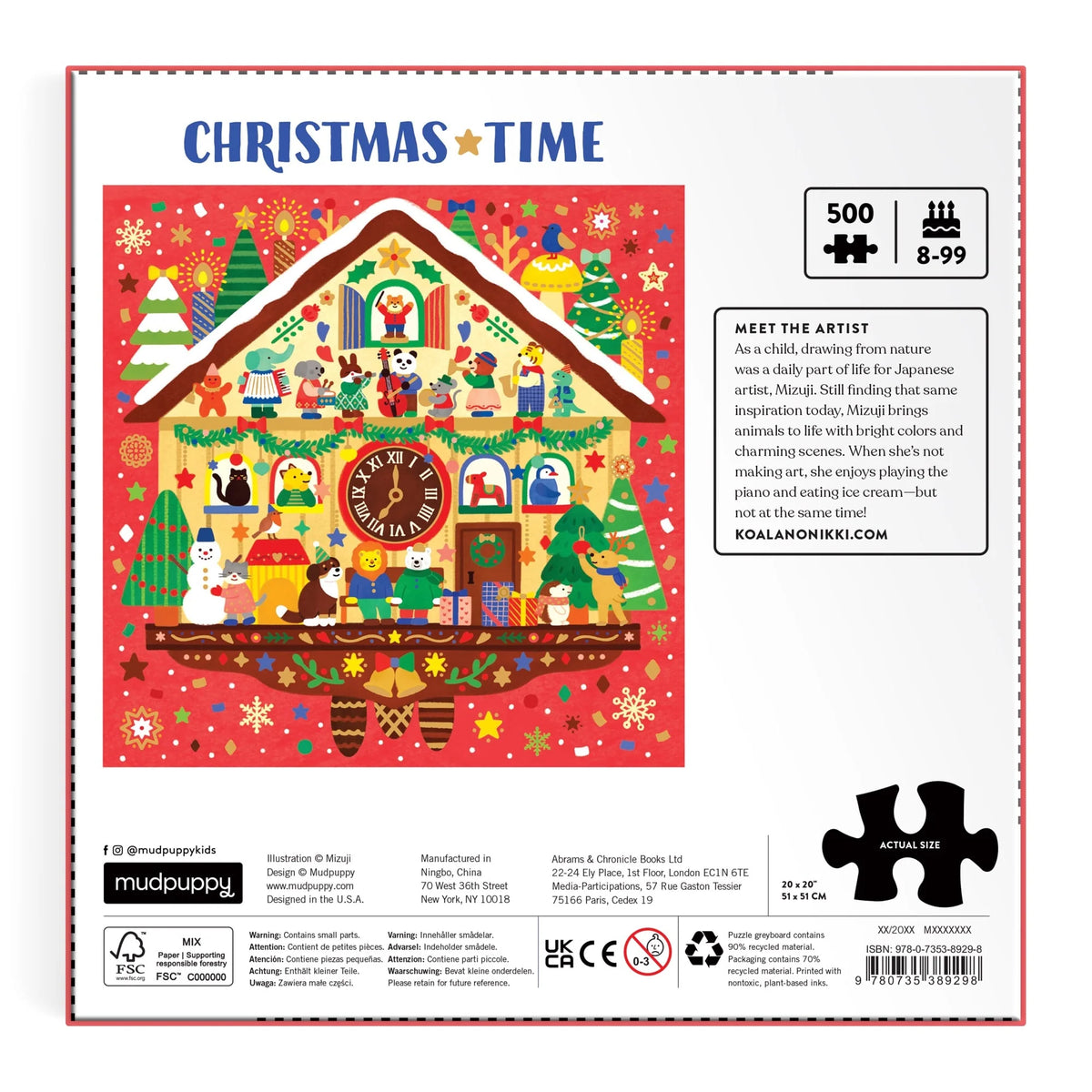 Spatele cutiei Christmas Time, cu informații despre Mizuji, materiale și dimensiunile puzzle-ului