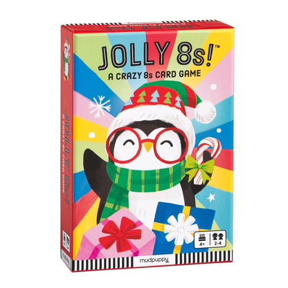 Cutia jocului de cărți Jolly 8s! Mudpuppy, cu pinguin de Crăciun, vedere oblică
