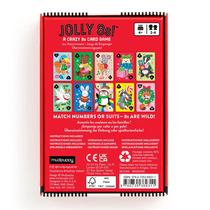 Spatele cutiei Jolly 8s!, cu exemple de cărți și informații despre joc și materiale