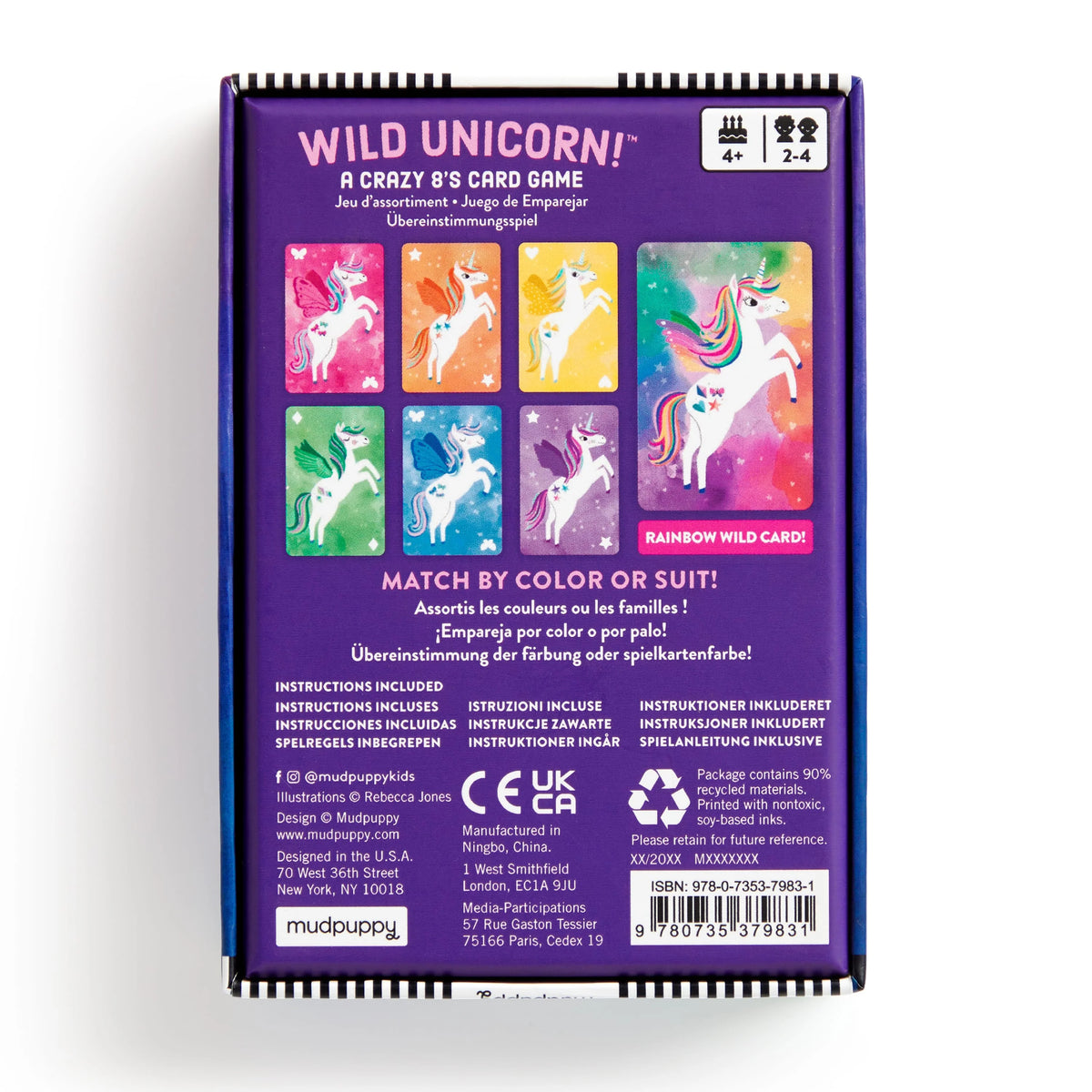 Spatele cutiei Wild Unicorn! cu exemple de cărți și informații despre joc