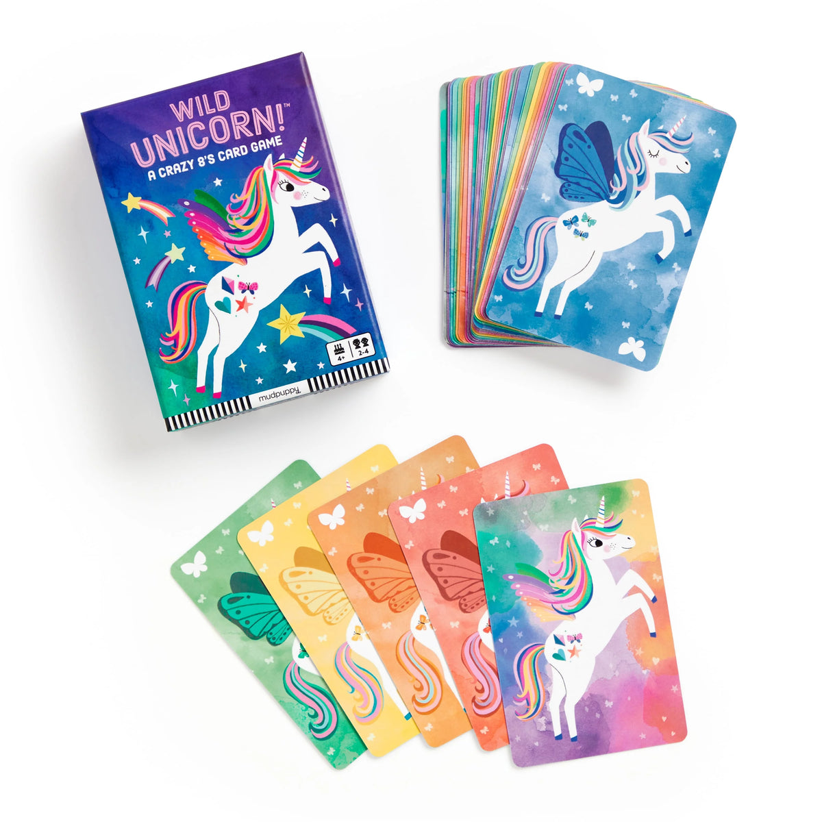 Jocul Wild Unicorn! cu cărți colorate cu unicorni și cartea specială curcubeu