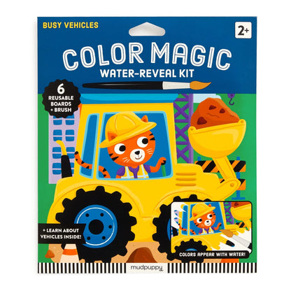 Fața ambalajului Busy Vehicles Magic Water-Reveal Mudpuppy, cu 6 planșe reutilizabile și pensulă